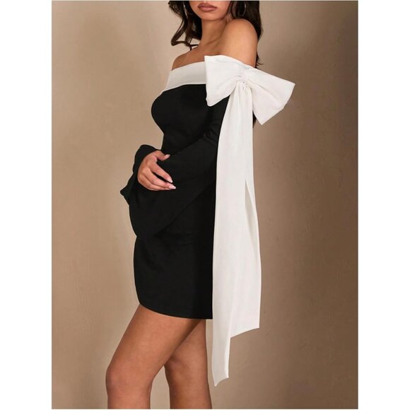 Women's Off Shoulder Mini Dress Polyester Elastane Bell Sleeve Cocktail Party - Picture 3 of 6